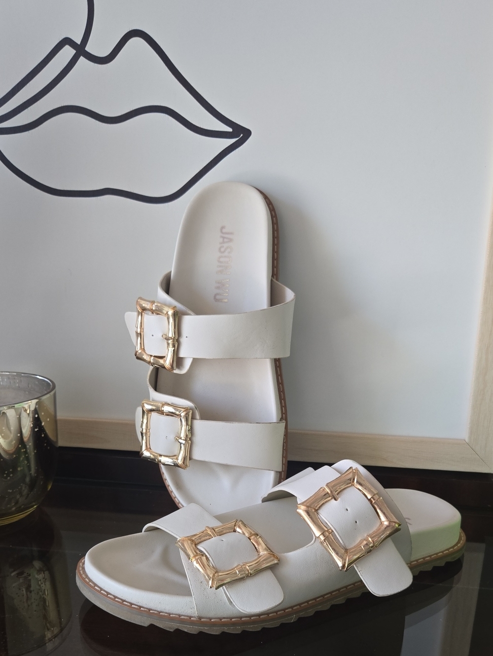 Jason Wu White Slide Sandals with Gold Buckles